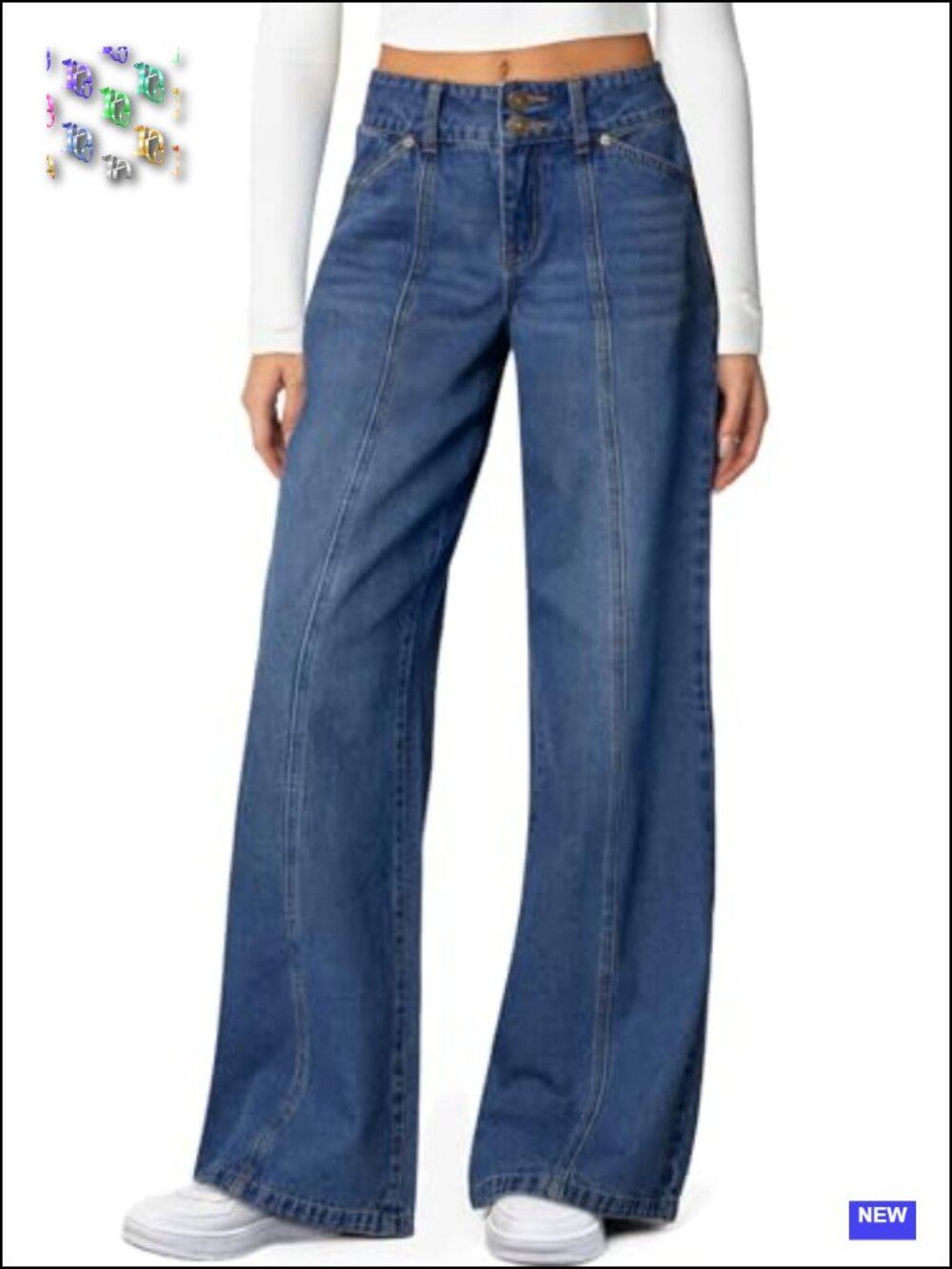 High Waisted Wide Leg Stretchy Denim Jeans with Seamed Front, Double Buttons,
